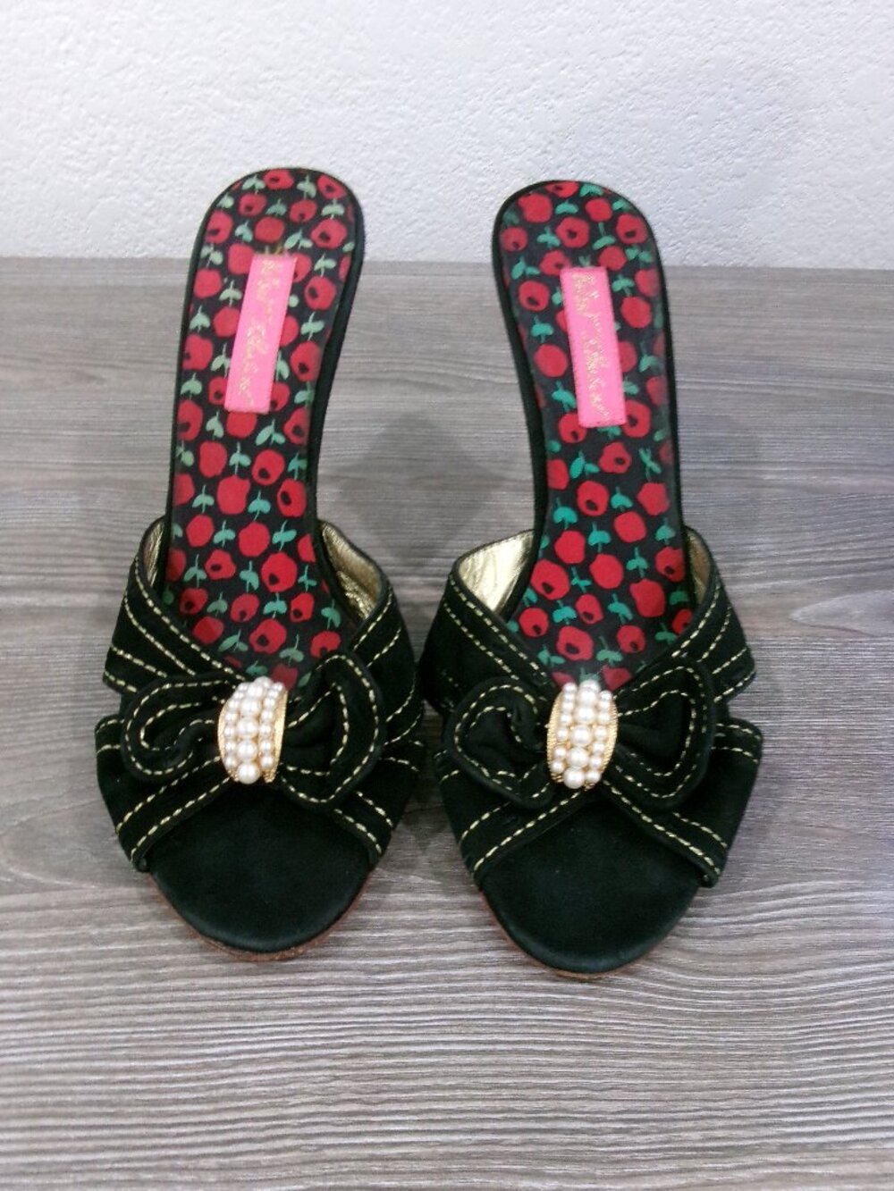 Betsey Johnson CATALYNA Black Suede Leather Pearls High Heel Mules Shoes 8.5